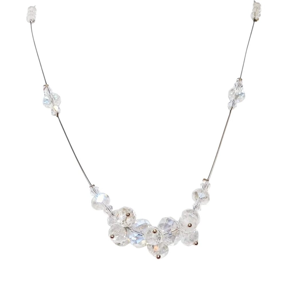 FN176 Crystal Clear Beads Black Monofilament 18.25" Fashion Clasp Necklace